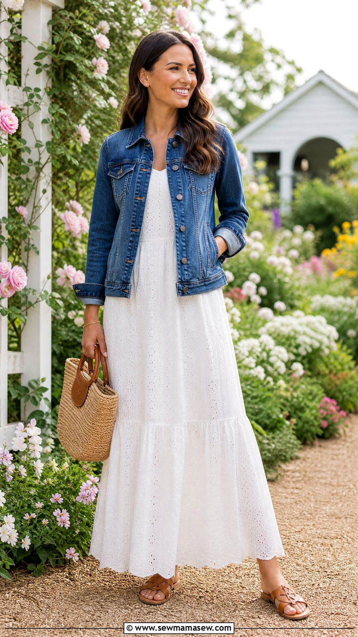 Eyelet maxi dress with denim jacket outfit - 30 Maxi dress outfit ideas with a denim jacket