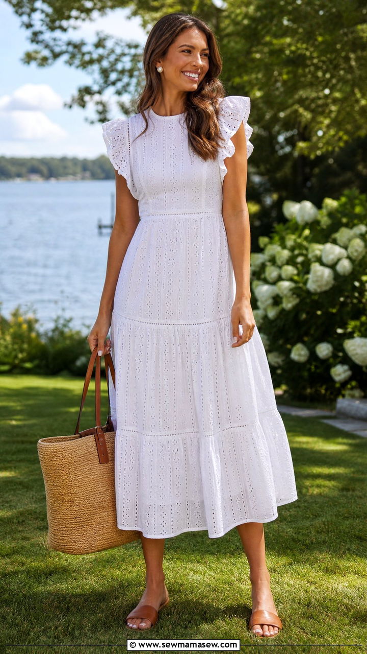 Eyelet midi dress and straw tote outfit - 30 Summer weekend getaway outfits