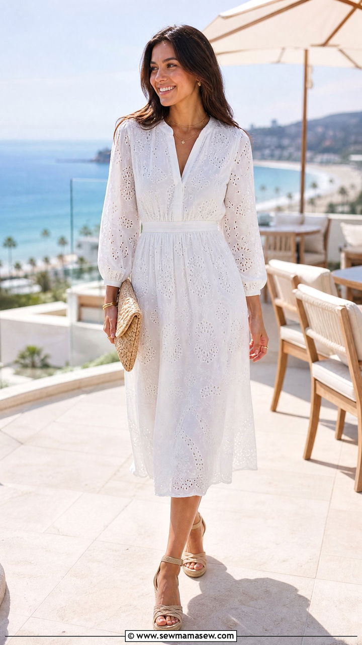 Eyelet midi dress and woven espadrilles - 30 modest brunch outfit ideas