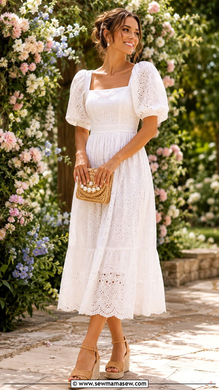 Eyelet midi dress with woven wedge sandals - 30 July outfit ideas 2026