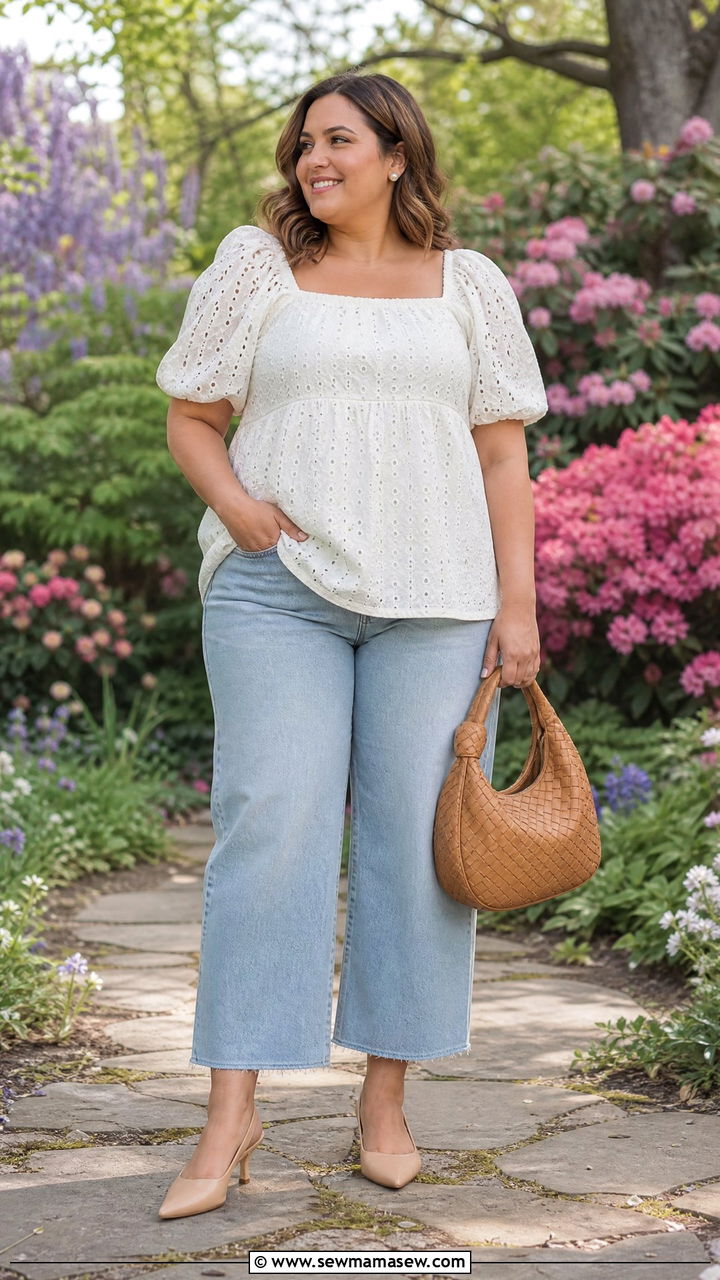 Eyelet puff sleeve top and cropped wide leg jeans - 30 Summer outfits for midsize women