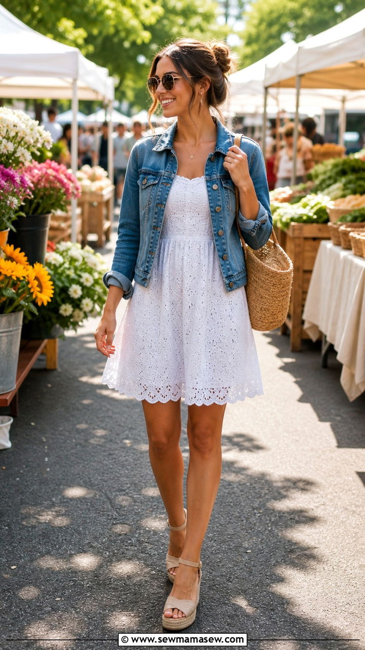 Eyelet sundress with a denim jacket and wedges - 40 What to wear in Charleston