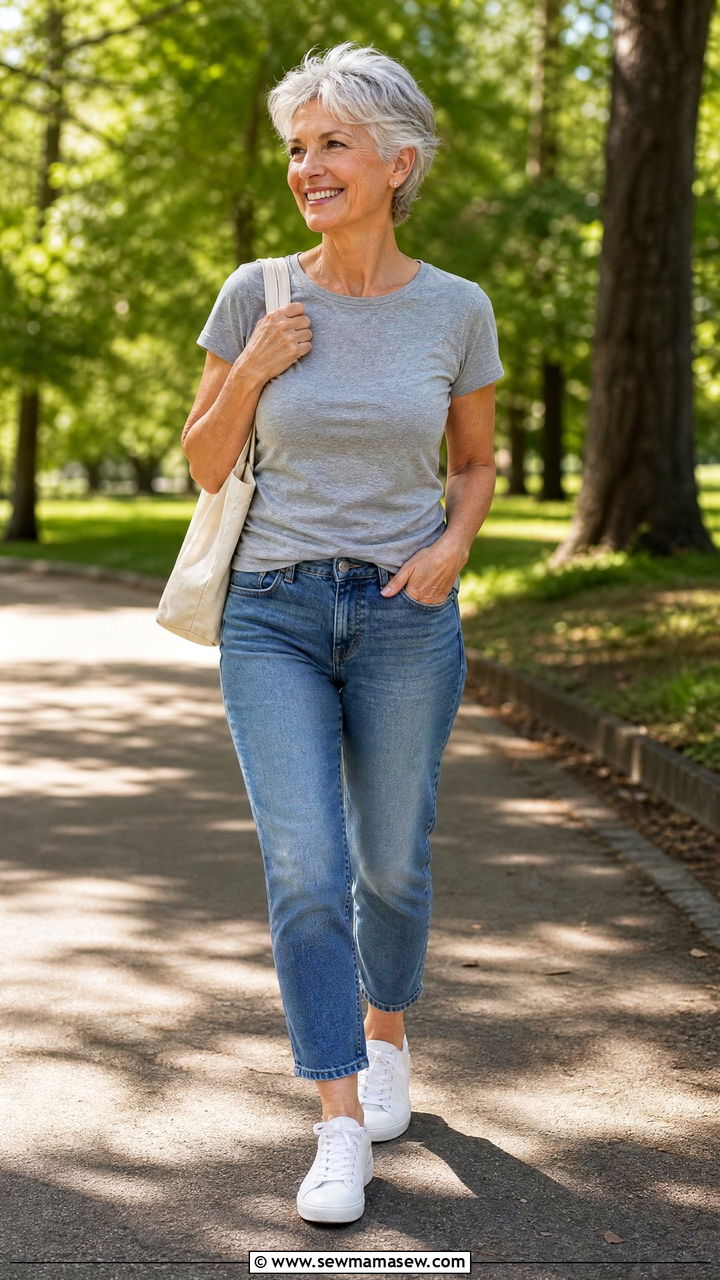 Faded Ankle Jeans with Gray Tee and Sneakers - 35 Jeans outfit ideas for women over 60