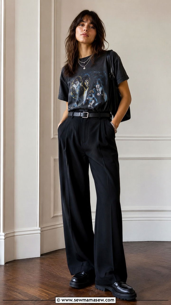 Faded Band Tee With Black Wide Leg Trousers And Loafers - 30 casual edgy outfits