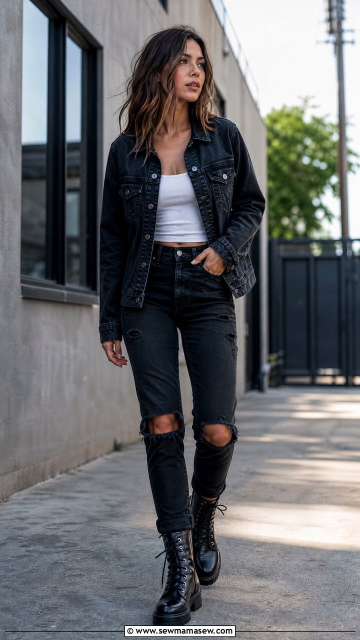 Faded Black Denim Jacket With Matching Ripped Jeans - 30 edgy outfits for women