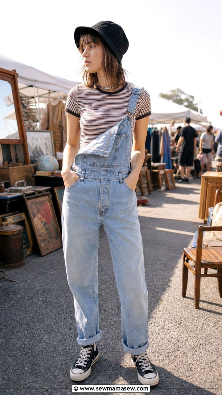 Faded Denim Overalls Over Striped Tee With Bucket Hat - 40 grunge outfits