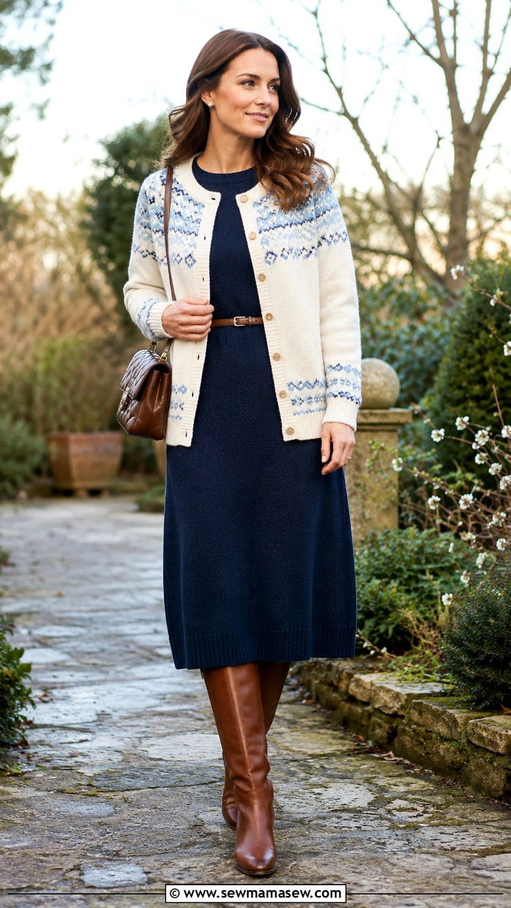 Fair Isle Cardigan Over A Midi Dress With Tall Boots - 25 Old money outfit ideas with Fair Isle sweater
