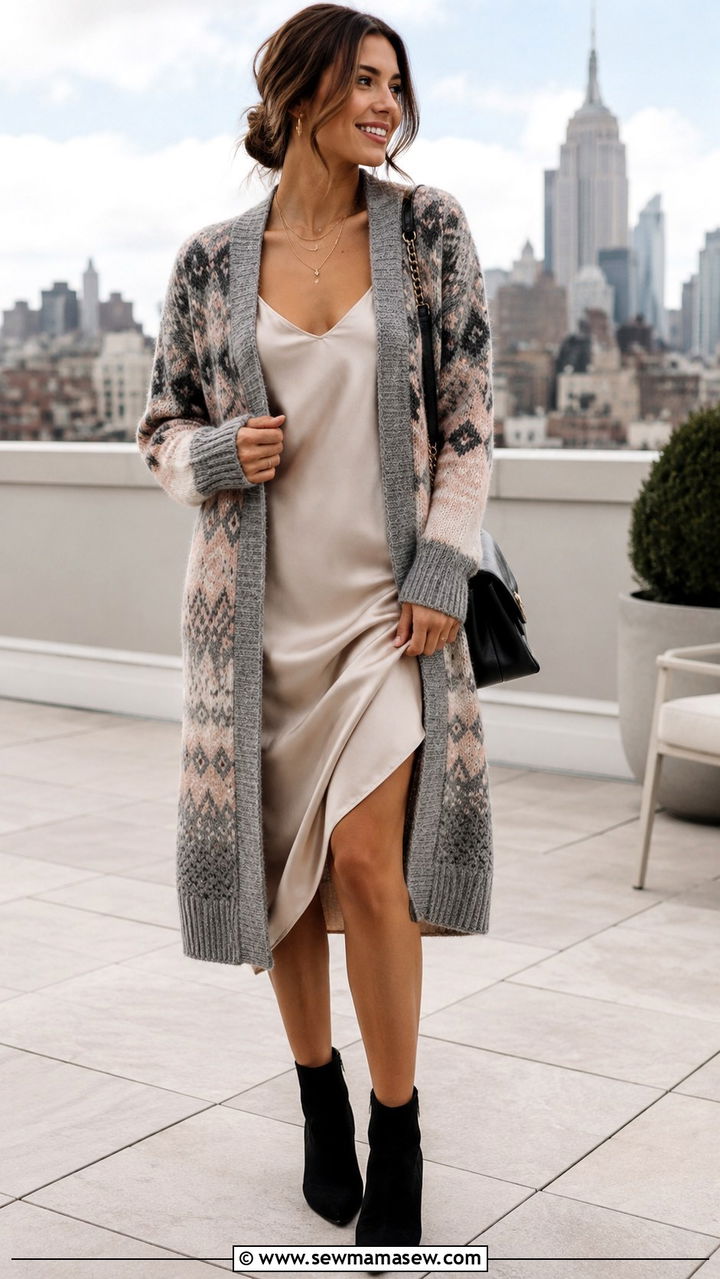 Fair Isle Cardigan Over Slip Dress With Ankle Boots - 25 Old money outfit ideas with Fair Isle sweater