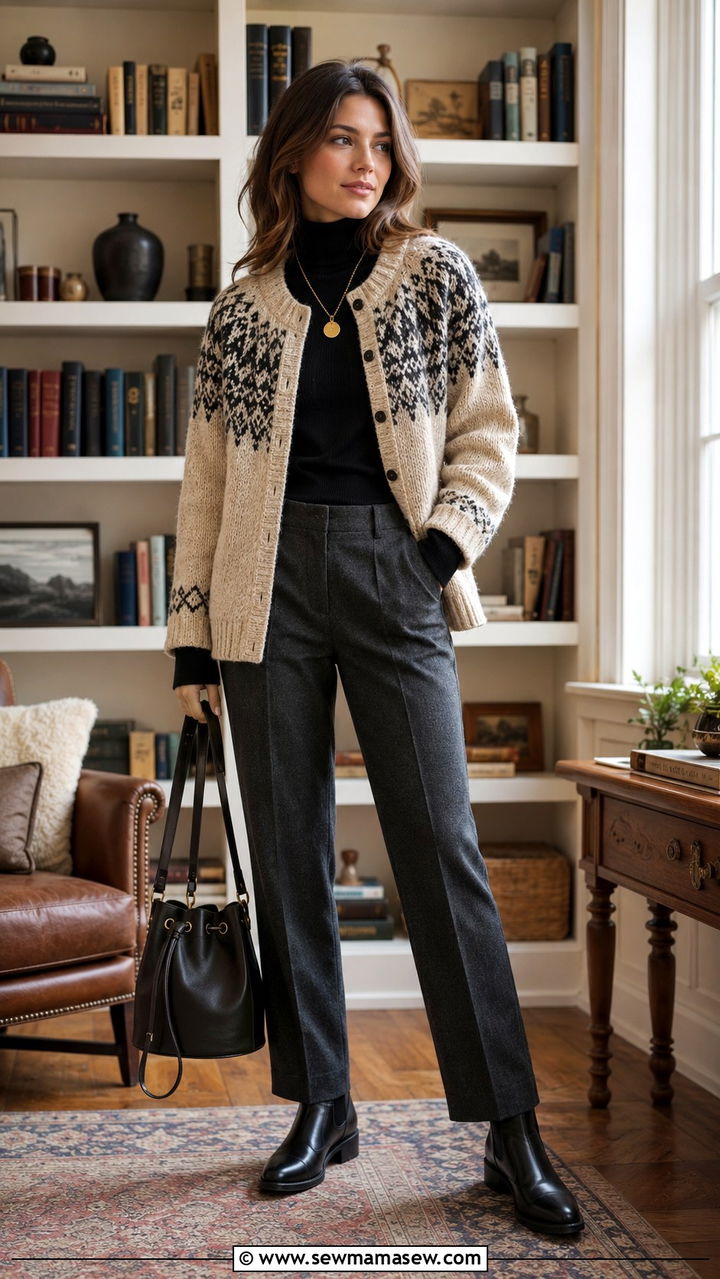 Fair Isle Cardigan Over Turtleneck With Straight Leg Wool Pants - 25 Old money outfit ideas with Fair Isle sweater