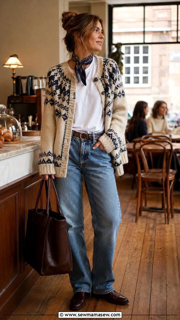Fair Isle Cardigan With Bandana And Oversized Tote Bag - 30 Danish outfit ideas