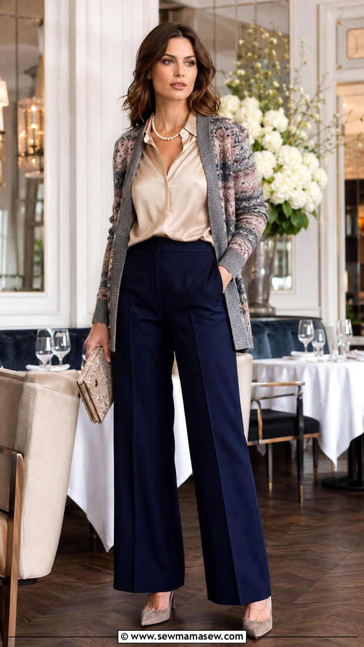 Fair Isle Cardigan With Silk Blouse And Wide Leg Wool Pants - 25 Old money outfit ideas with Fair Isle sweater