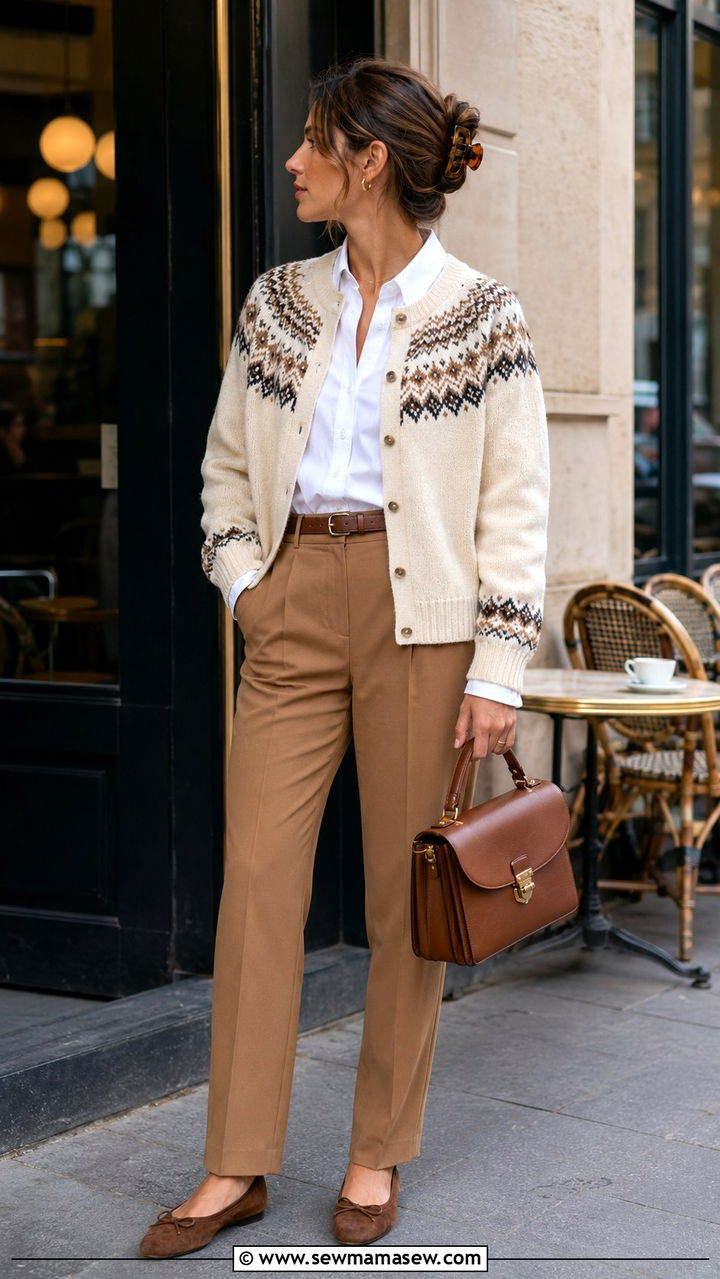 Fair Isle Cardigan With White Button Down And Tailored Trousers - 25 Old money outfit ideas with Fair Isle sweater