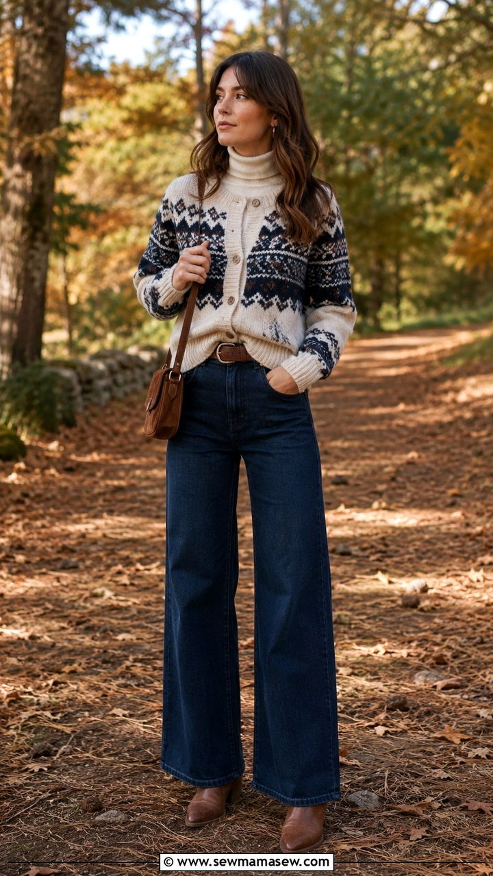 Fair Isle Cardigan With Wide Leg Jeans and Boots - 25 Wide leg jeans outfit ideas with a cardigan