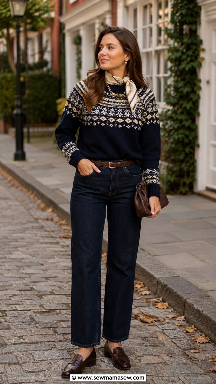 Fair Isle Crew Neck Sweater With Dark Jeans And Loafers - 25 Old money outfit ideas with Fair Isle sweater