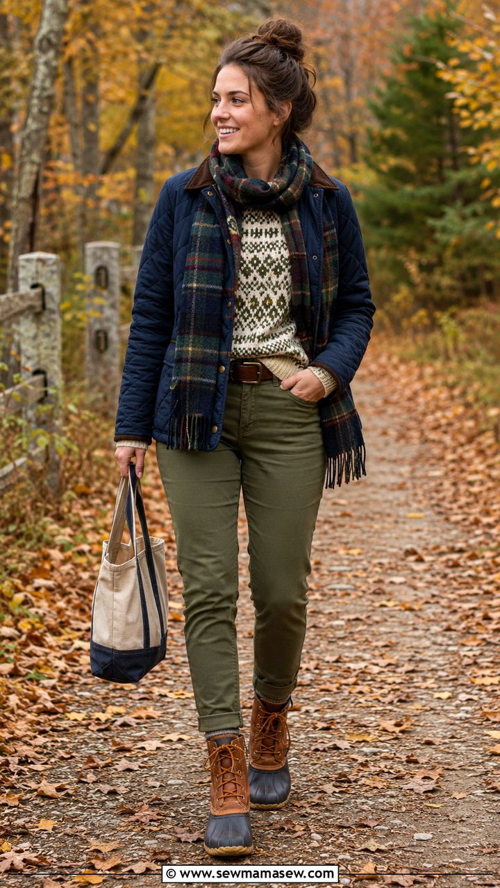 Fair Isle Crew Neck With Quilted Barn Jacket And Duck Boots - 25 Old money outfit ideas with Fair Isle sweater