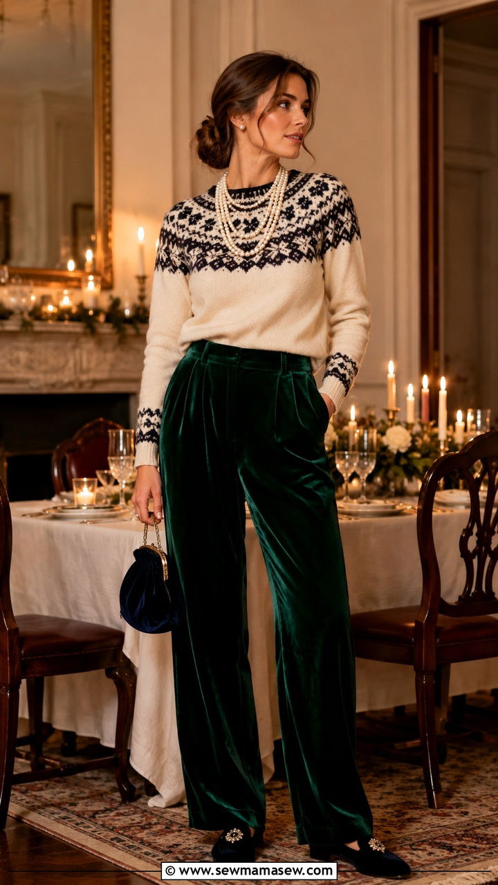 Fair Isle Crew Neck With Velvet Trousers And Pearl Accessories - 25 Old money outfit ideas with Fair Isle sweater