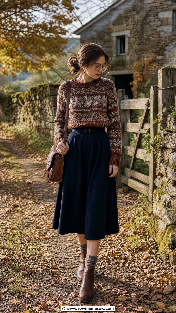 Fair Isle Knit With Wool Midi Skirt And Ankle Boots - 25 classy librarian core outfits