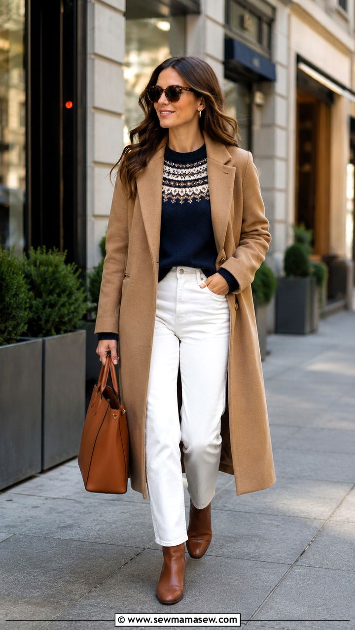 Fair Isle Sweater Under Camel Coat With White Jeans - 25 Old money outfit ideas with Fair Isle sweater