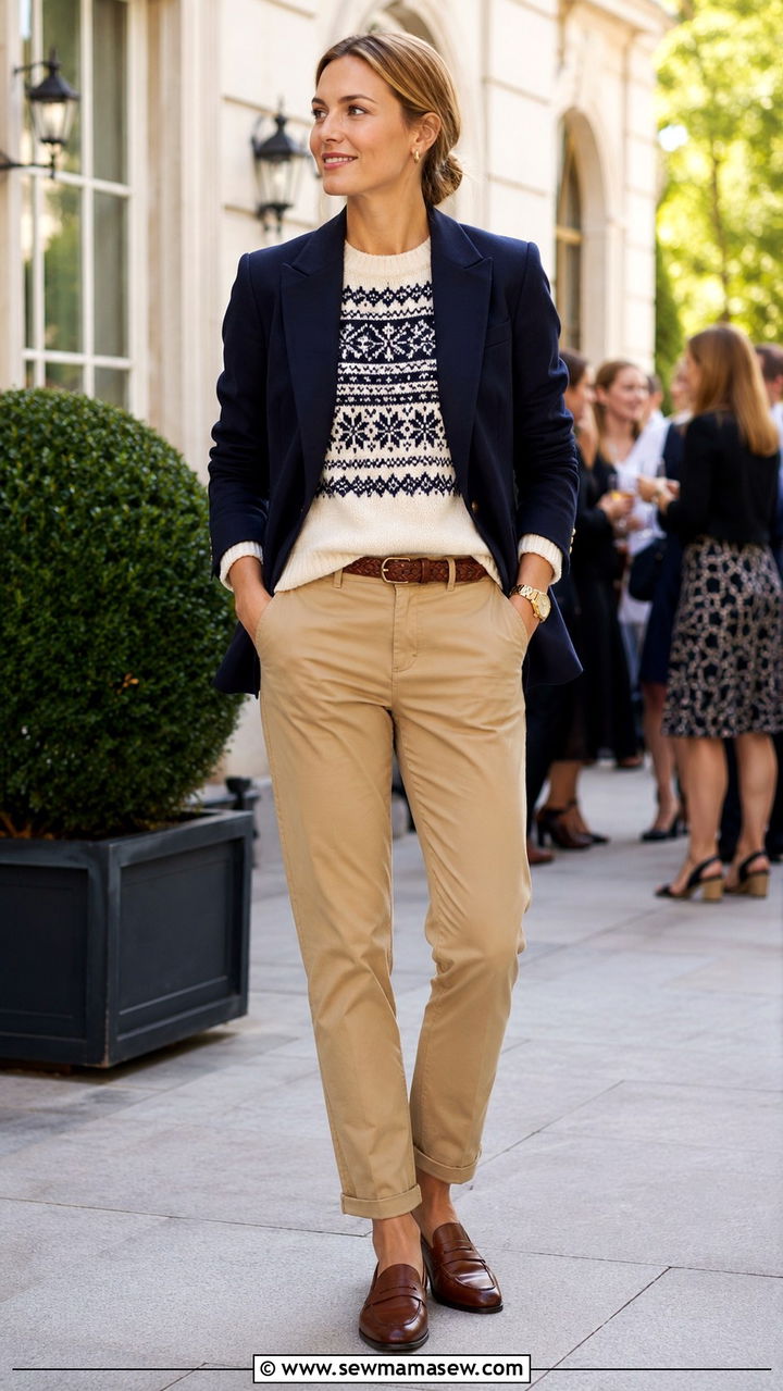 Fair Isle Sweater Under Navy Blazer With Khaki Chinos - 25 Old money outfit ideas with Fair Isle sweater