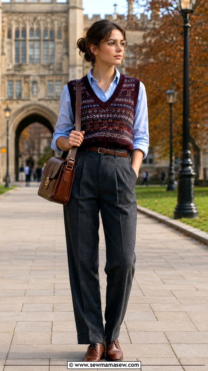 Fair Isle Sweater Vest Over Oxford Shirt With Wool Trousers - 25 Old money outfit ideas with Fair Isle sweater