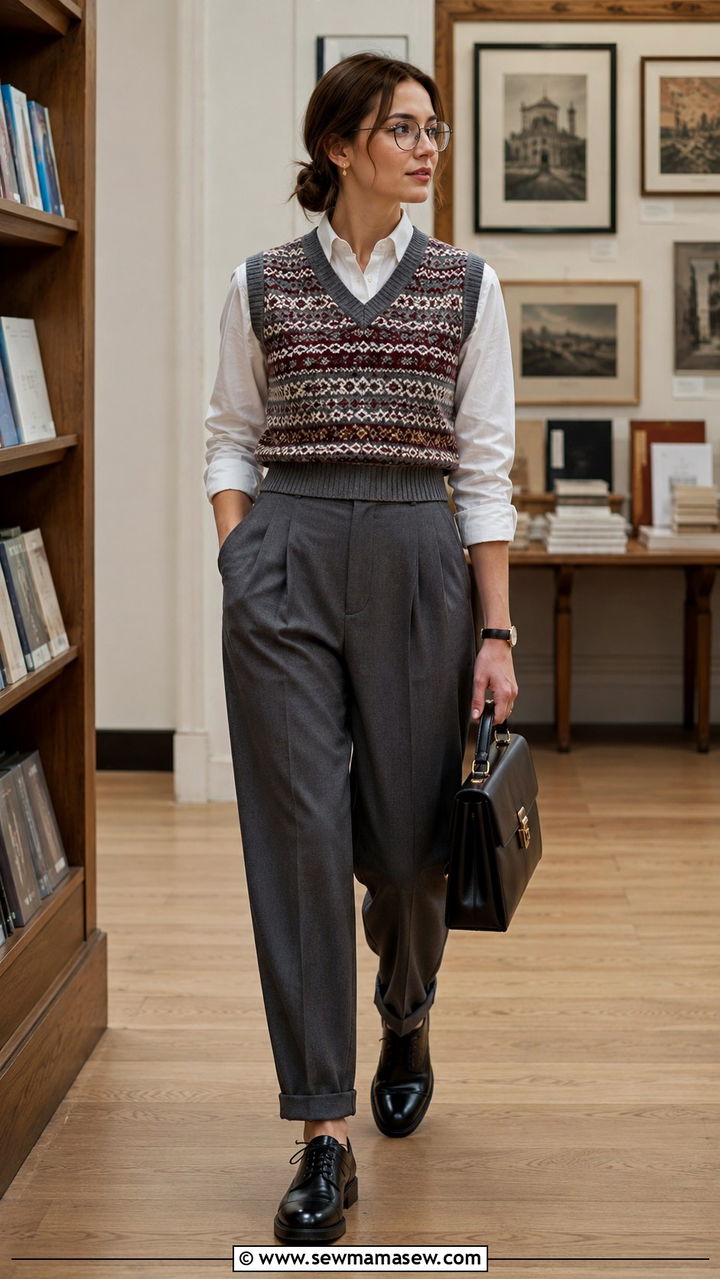 Fair Isle Sweater Vest With Pleated Trousers And Oxford Shoes - 25 Old money outfit ideas with Fair Isle sweater