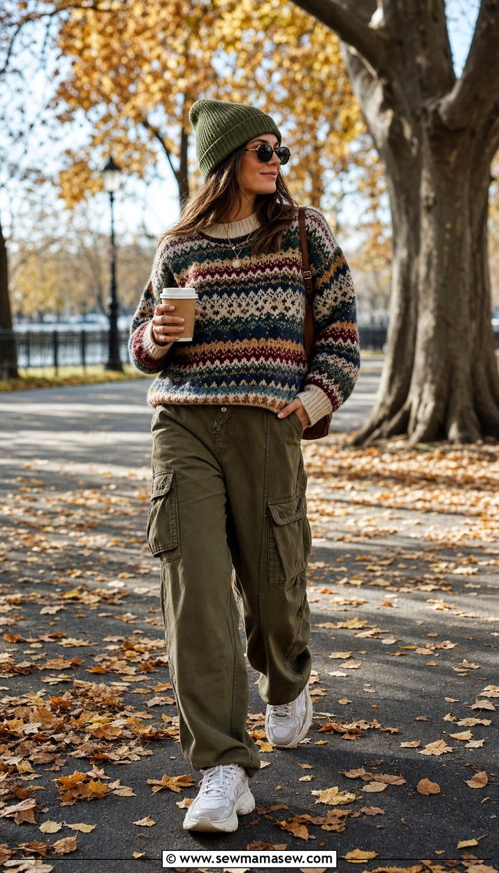 Fair Isle Sweater With Cargo Pants and Chunky Dad Sneakers - 25 Eclectic grandpa outfit ideas