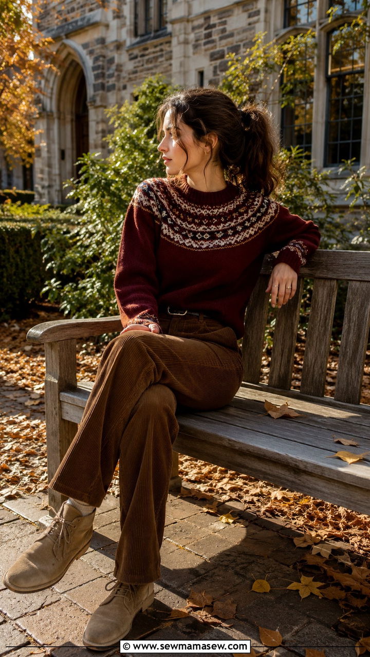 Fair Isle Sweater With Corduroy Pants And Desert Boots - 30 classy college outfits