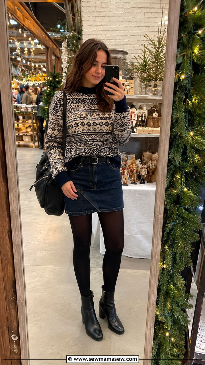 Fair Isle Sweater With Dark Denim Mini Skirt - 30 classy preppy outfit ideas