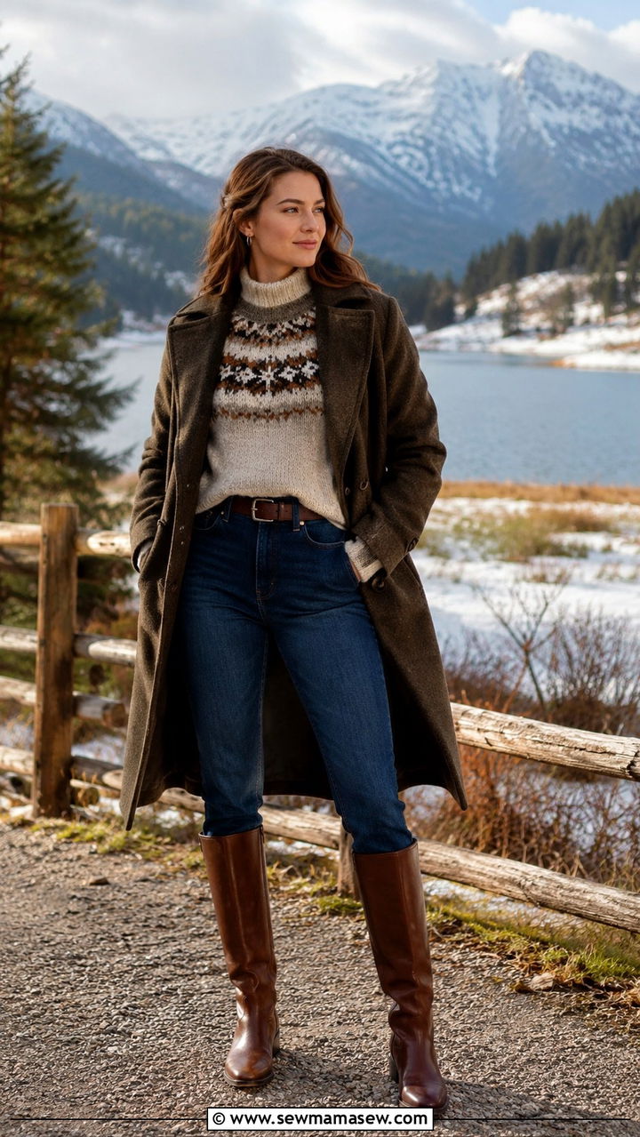 Fair Isle Sweater With High Waisted Straight Jeans and Riding Boots - 30 High waisted jeans outfit ideas with a sweater