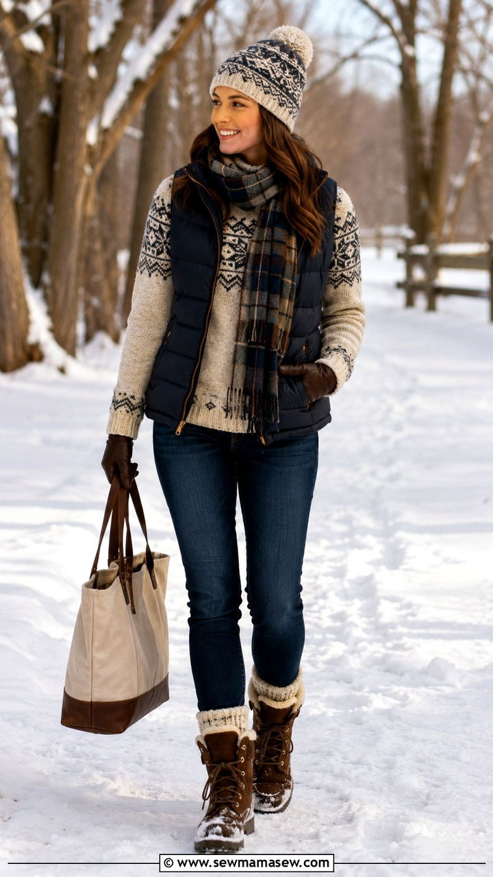 Fair Isle Sweater With Matching Beanie And Puffer Vest - 25 Old money outfit ideas with Fair Isle sweater