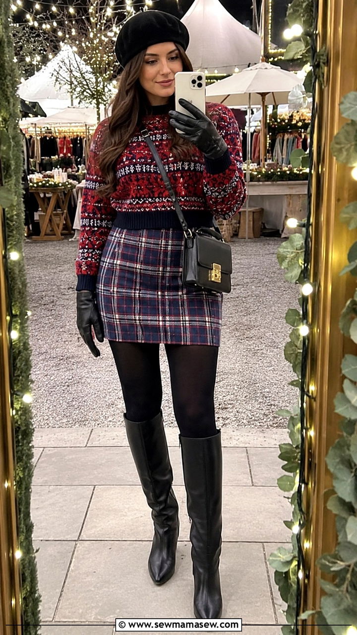 Fair Isle Sweater With Plaid Mini Skirt And Opaque Tights - 25 Old money outfit ideas with Fair Isle sweater