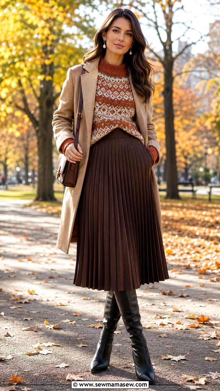 Fair Isle Sweater With Pleated Midi Skirt And Knee High Boots - 25 Old money outfit ideas with Fair Isle sweater