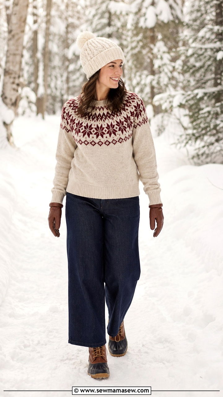 Fair Isle Sweater With Wide Leg Jeans and Bean Boots - 25 Wide leg jeans outfit ideas with a sweater