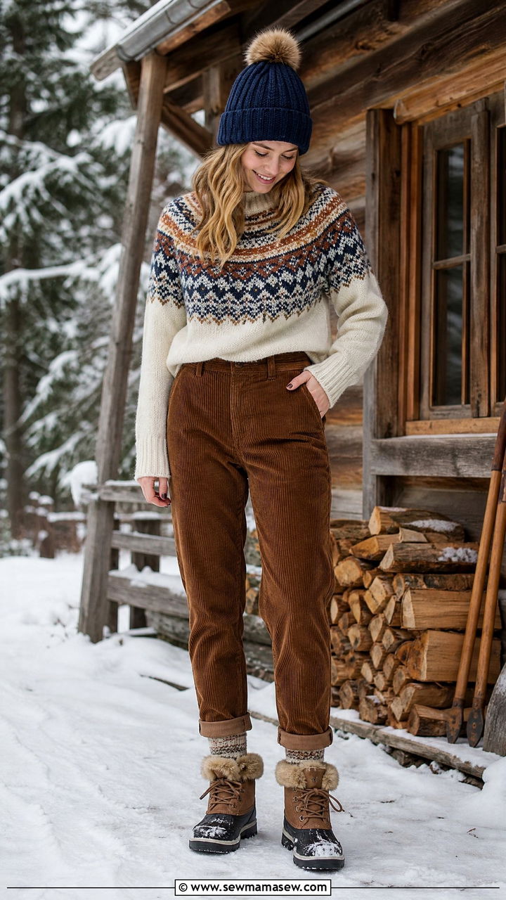 Fair Isle Sweater with Corduroy Pants and Snow Boots - 40 Ski trip outfits
