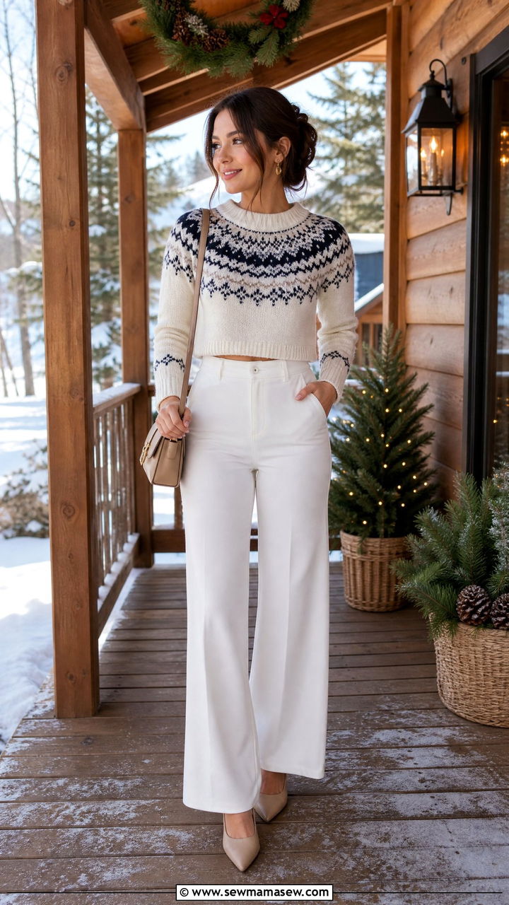 Fair Isle Sweater with White Wide Leg Pants Outfit - 25 Petite outfit ideas under 5'4