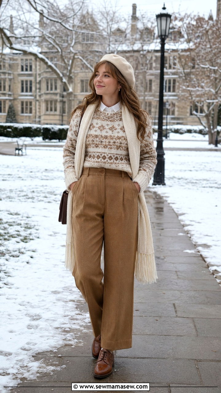 Fair Isle Sweater with Wool Trousers - 30 light academia outfits to copy