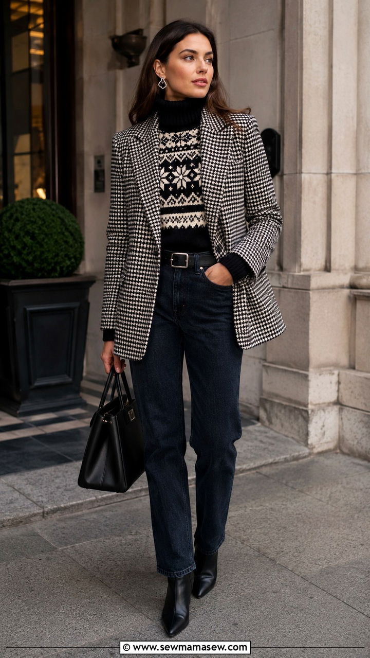 Fair Isle Turtleneck Under Houndstooth Blazer With Dark Denim - 25 Old money outfit ideas with Fair Isle sweater