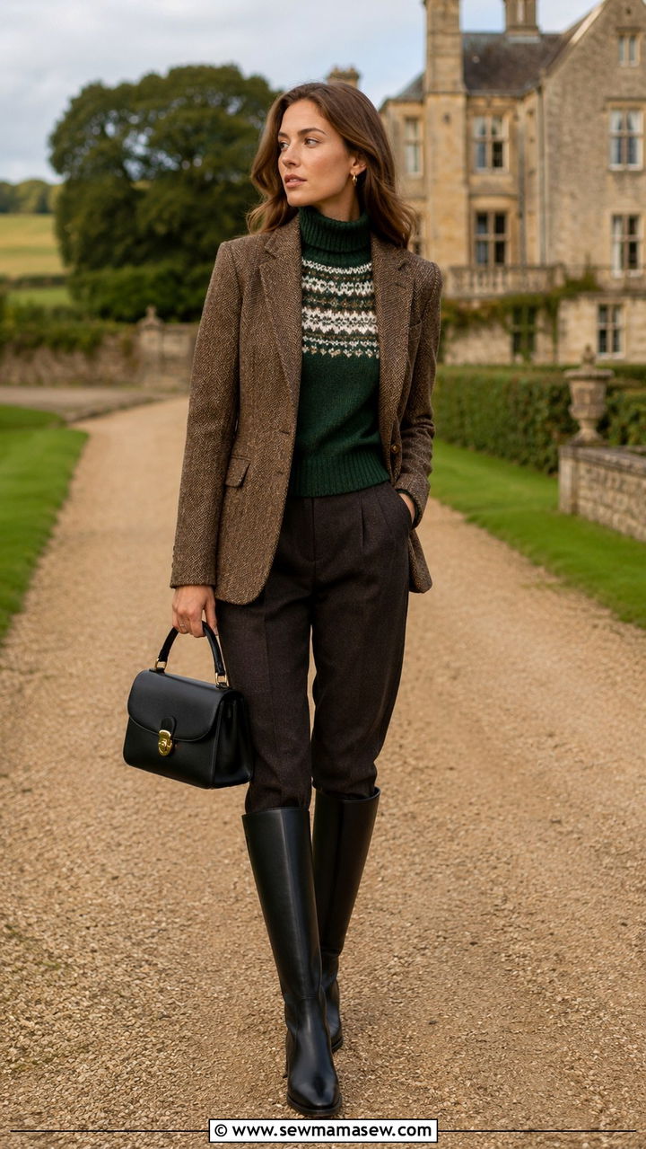 Fair Isle Turtleneck With Tweed Blazer And Riding Boots - 25 Old money outfit ideas with Fair Isle sweater