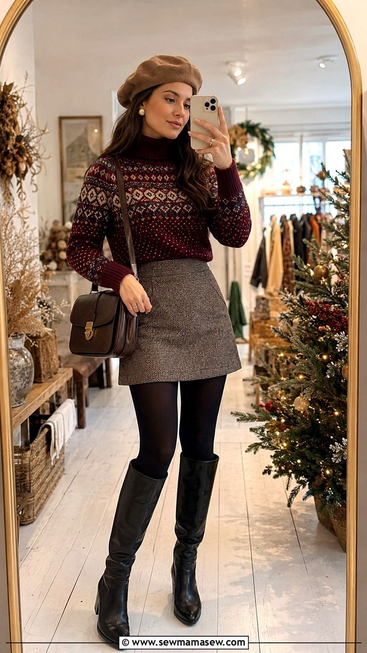 Fair Isle Turtleneck With Tweed Mini Skirt And Opaque Tights - 25 Old money outfit ideas with Fair Isle sweater
