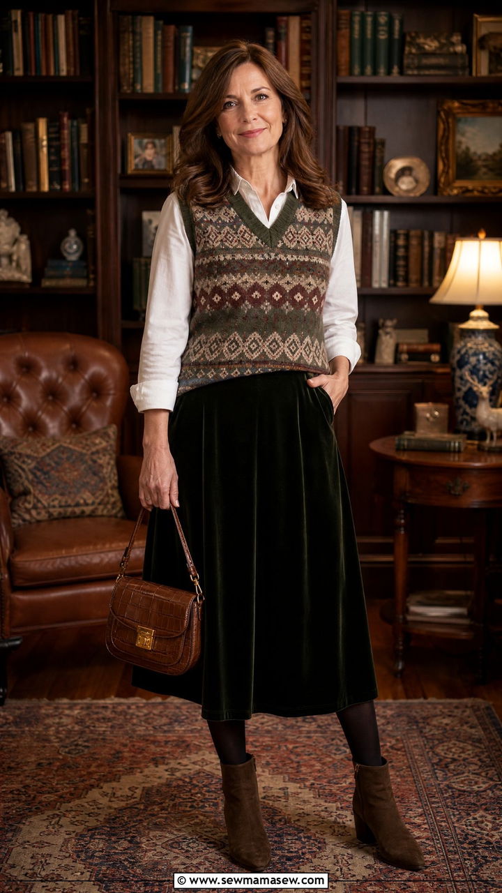 Fair Isle Vest Outfit with White Blouse and Velvet Midi Skirt - 25 light academia outfit ideas for women over 40