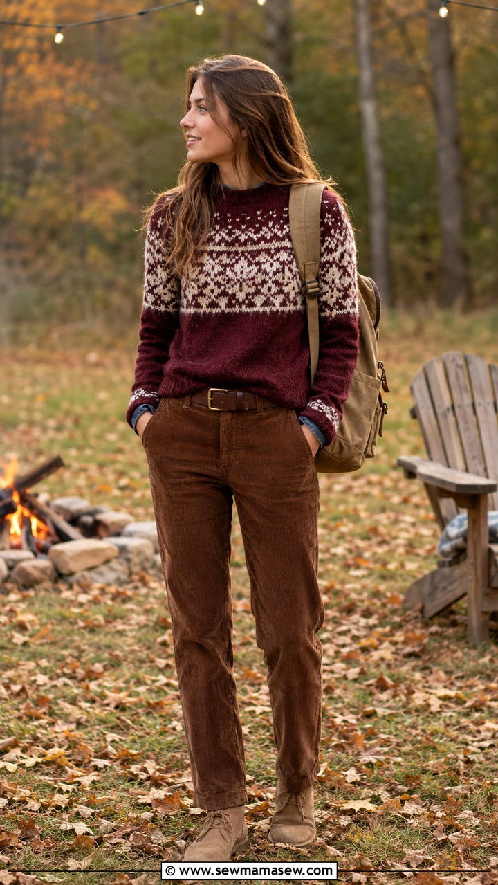 Fair Isle sweater with corduroy pants and desert boots - 30 preppy outfits for women
