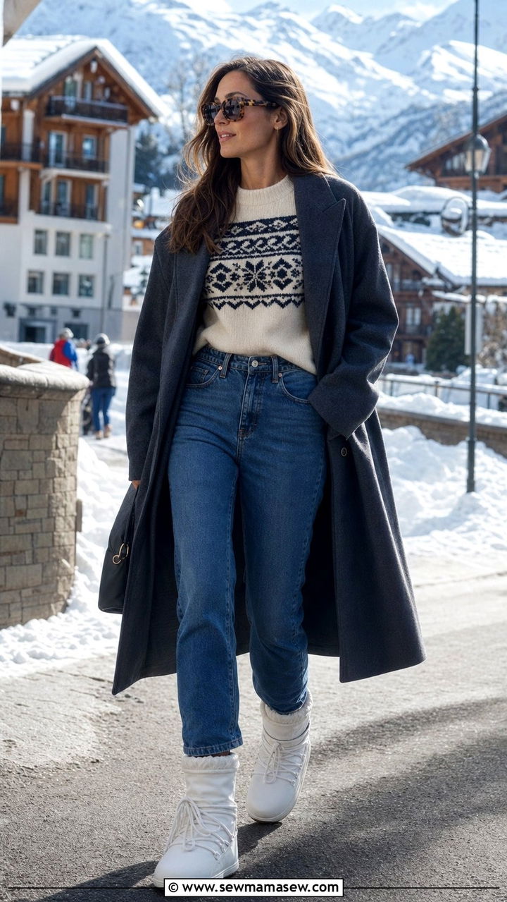 Fair Isle sweater with jeans and moon boots - 25 Sporty chic outfit ideas apres ski
