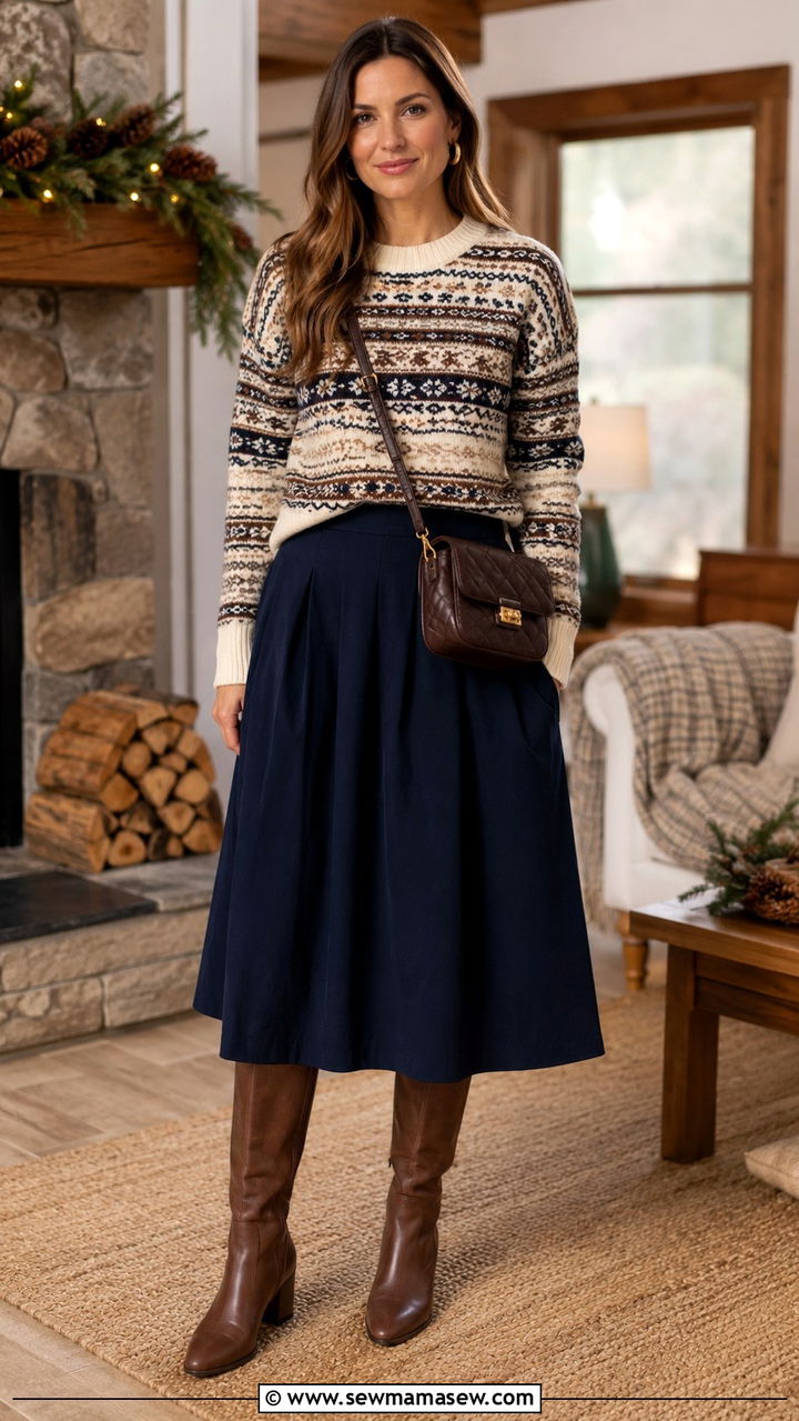 Fair Isle sweater with midi skirt and riding boots - 30 Midi skirt outfit ideas with a sweater