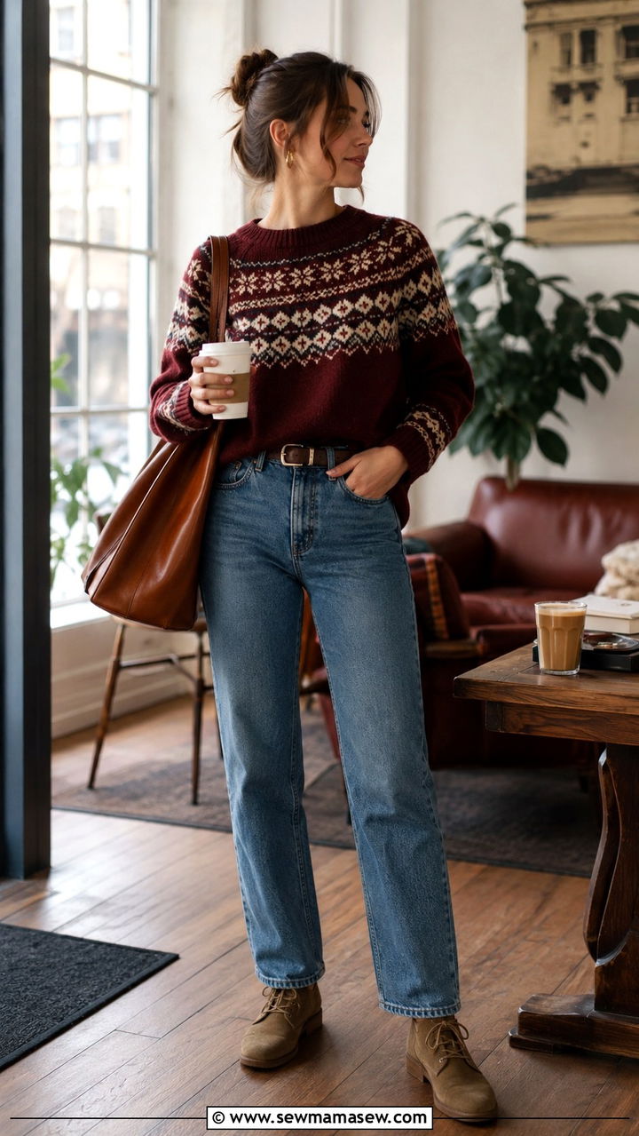 Fair Isle sweater with straight leg jeans - 30 Preppy college outfit ideas