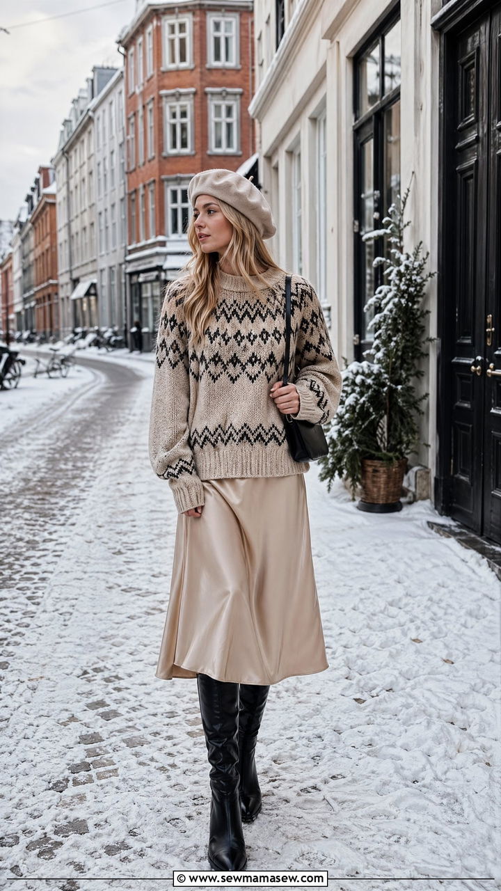 Fair isle knit sweater with a satin slip skirt and leather boots Copenhagen winter outfit - 35 Europe travel outfits for women