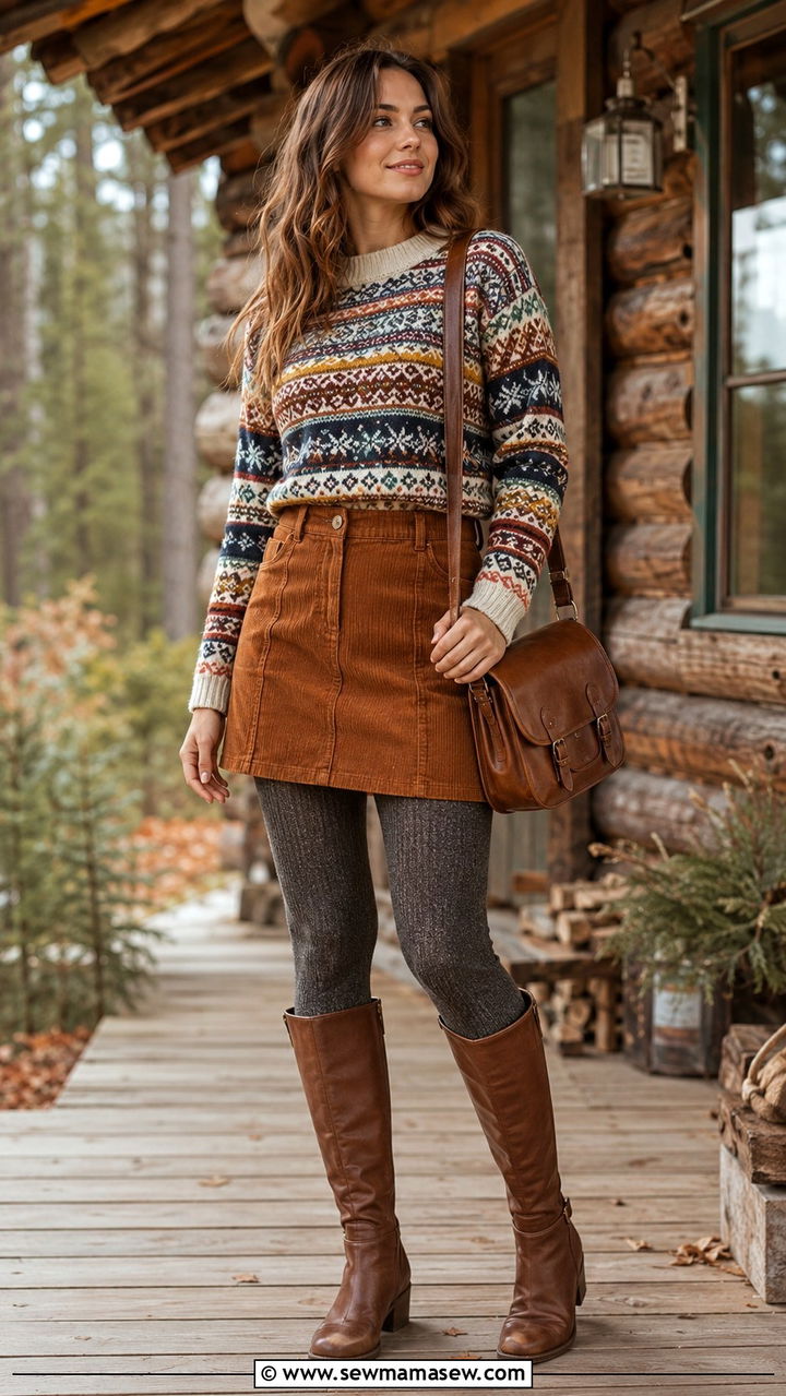 Fair isle sweater and corduroy mini skirt outfit - 30 Sweater and skirt matching set outfit ideas