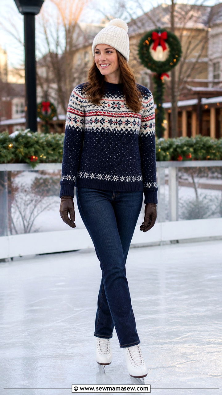 Fair isle sweater dark jeans and corduroy pants ice skating outfit - 40 Ice skating outfit ideas