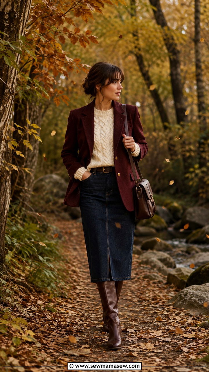Fall Blazer With Dark Denim Skirt - 30 Denim skirt outfit ideas with a blazer