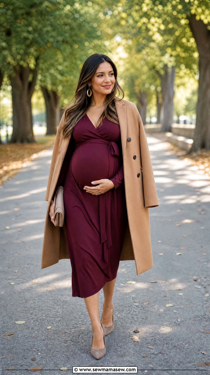 Fall Burgundy Wrap Maternity Dress - 35 Maternity wedding guest outfits