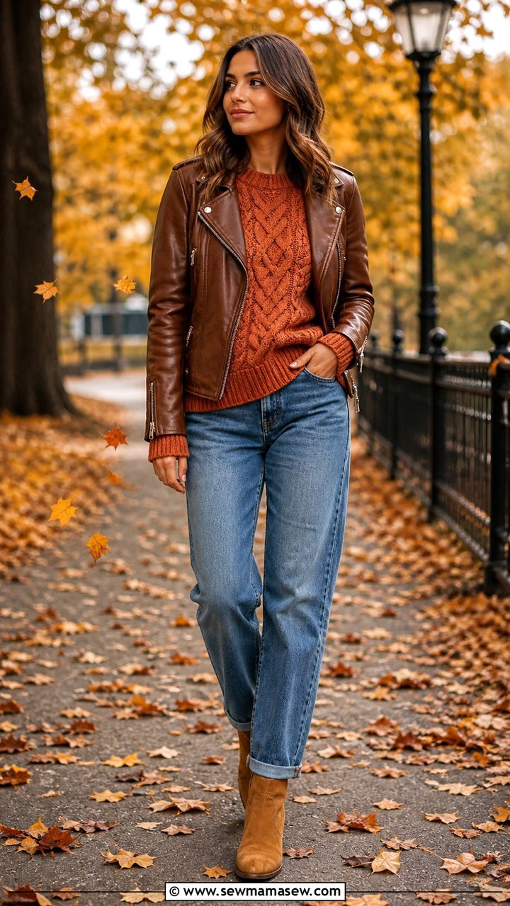 Fall Leather Jacket Outfit With Chunky Knit And Ankle Boots - 40 leather jacket outfit ideas for women